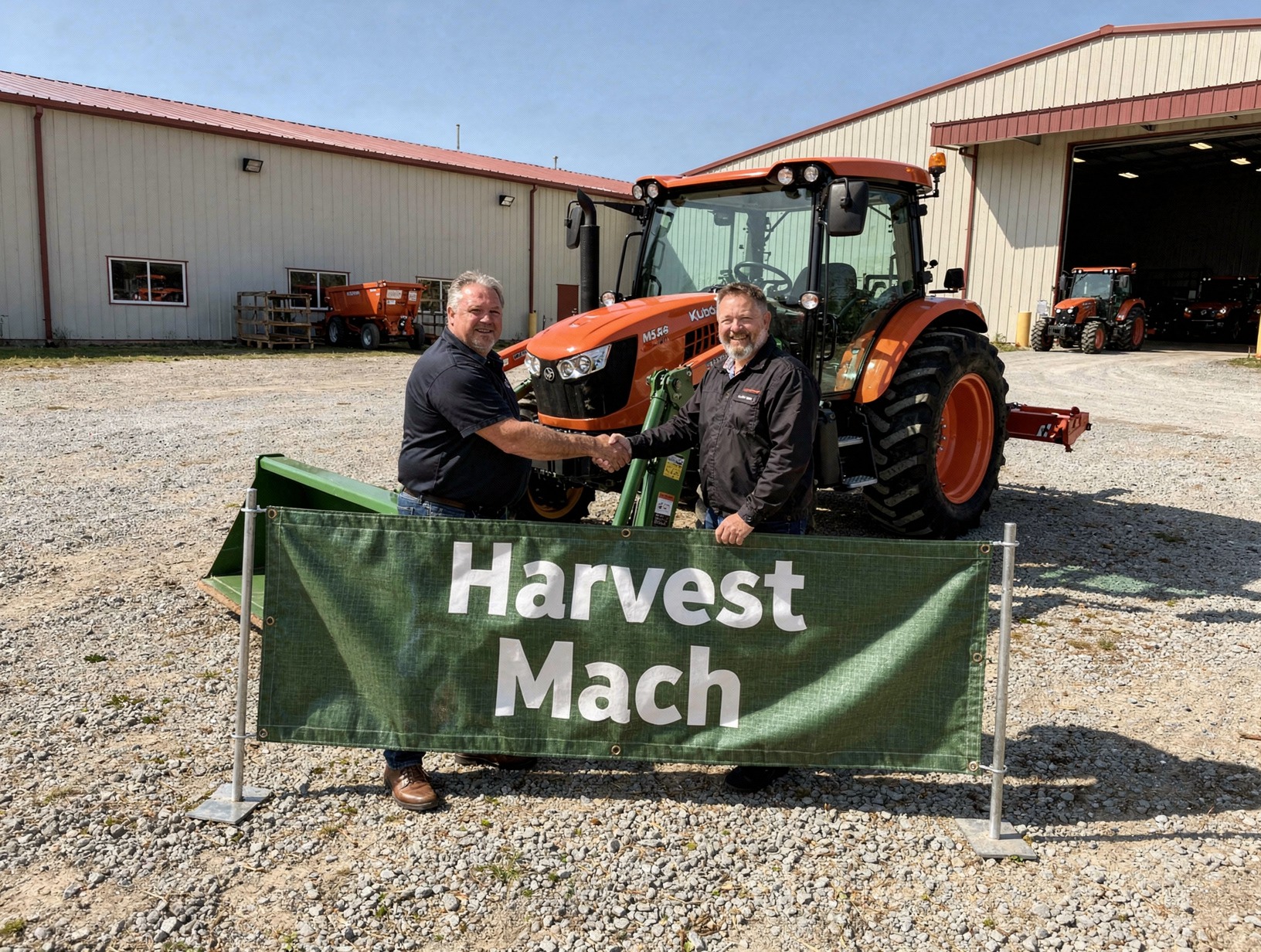 The Farm and Harvest Machinery team shaking hands in front of a Kubota tractor